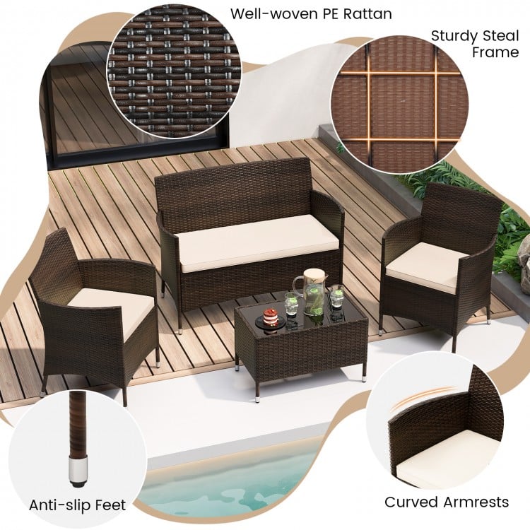 4 Pieces Comfortable Outdoor Rattan Sofa Set with Glass Coffee Table-Beige and Gray
