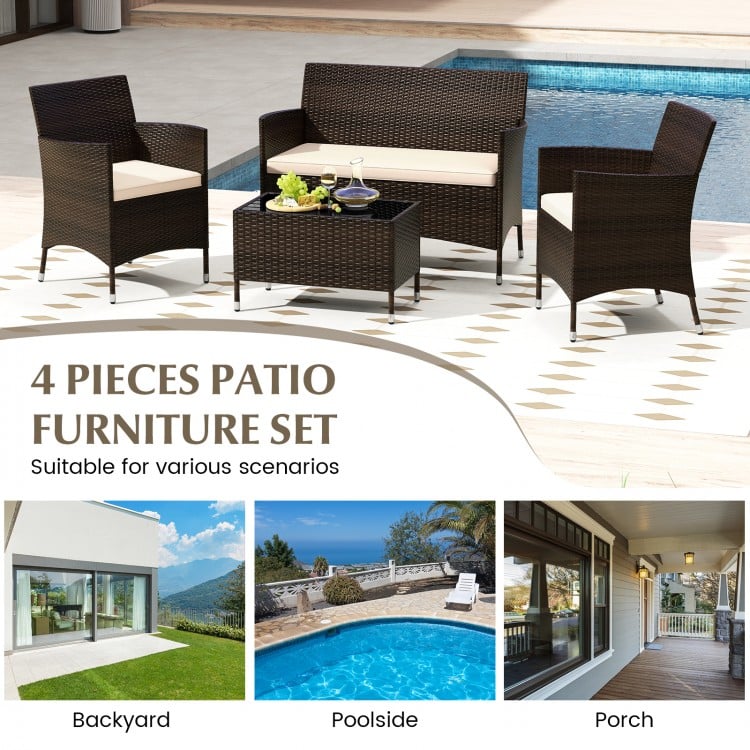 4 Pieces Comfortable Outdoor Rattan Sofa Set with Glass Coffee Table-Beige and Gray