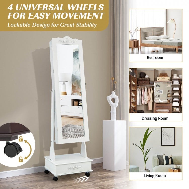 Rolling Floor Standing Mirrored Jewelry Armoire with Lock and Drawers-White