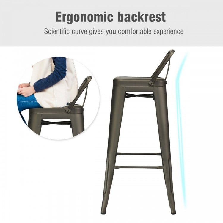 30 Inch Set of 4 Metal Counter Height Barstools with Low Back and Rubber Feet-Gun
