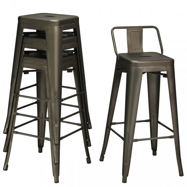 30 Inch Set of 4 Metal Counter Height Barstools with Low Back and Rubber Feet-Gun