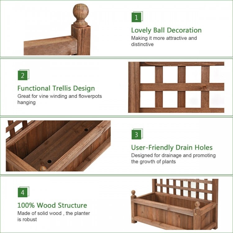 Solid Free Standing Wood Planter Box with Trellis