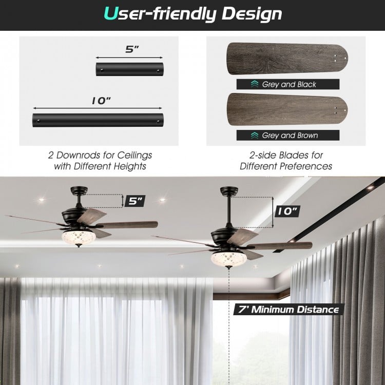 52 Inch Ceiling Fan with 3 Wind Speeds and 5 Reversible Blades-Gray