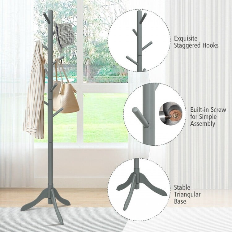 Adjustable Wooden Tree Coat Rack with 8 Hooks-Gray
