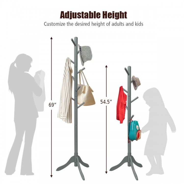 Adjustable Wooden Tree Coat Rack with 8 Hooks-Gray