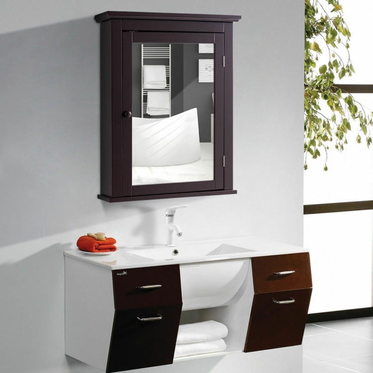 Wall Mounted Bathroom Storage Medicine Cabinet with Towel Bar-Brown