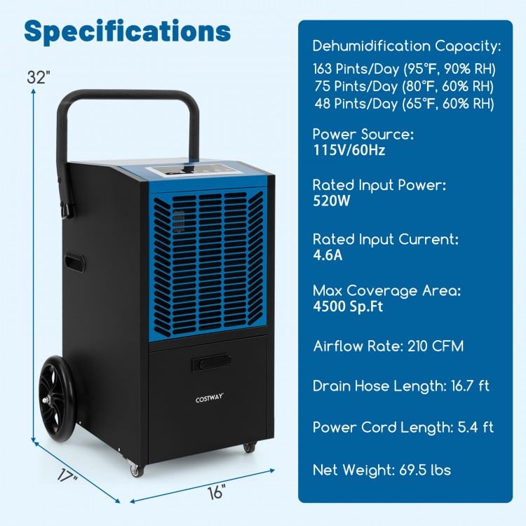 163 Pints Commercial Dehumidifier Crawl Space Dehumidifier with Pump and Drain Hose