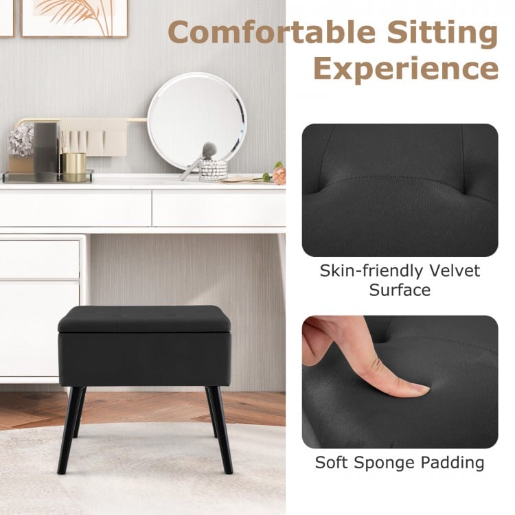 Velvet Storage Ottoman with Solid Wood Legs for Living Room Bedroom-Black