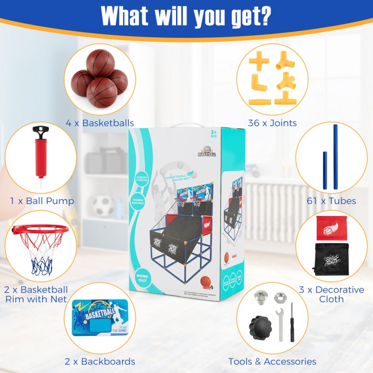Kids Arcade Basketball Game Set | Dual Hoop Indoor & Outdoor Basketball Game with 4 Balls and Pump