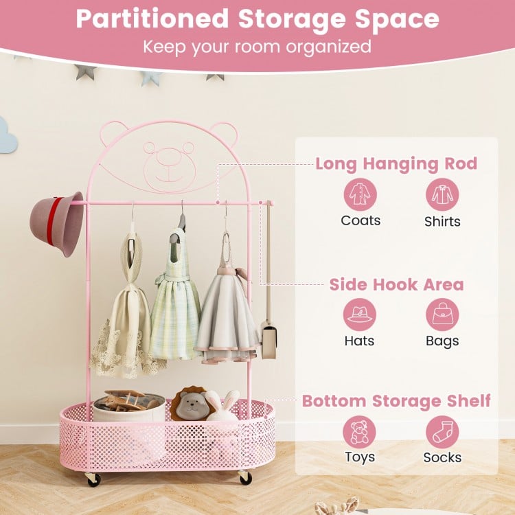 Kid Clothes Rack with 3 Adjustable Heights and Wheels-Pink