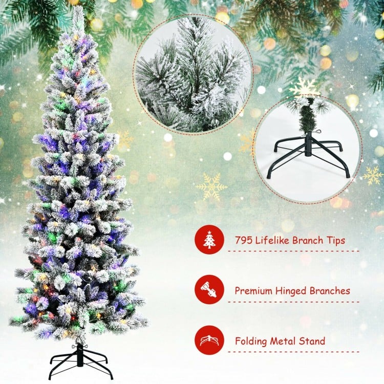 8 Feet Pre-Lit Hinged Snow Flocked Christmas Tree with Remote Control