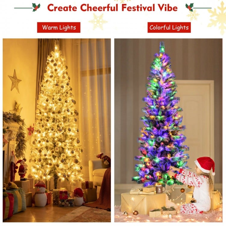 8 Feet Pre-Lit Hinged Snow Flocked Christmas Tree with Remote Control