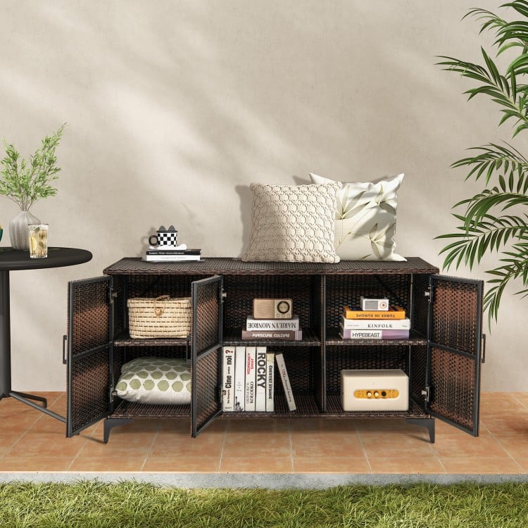 84 Gallon Patio Wicker Deck Box 3-Door PE Rattan Storage Container with Removable Shelves-Brown