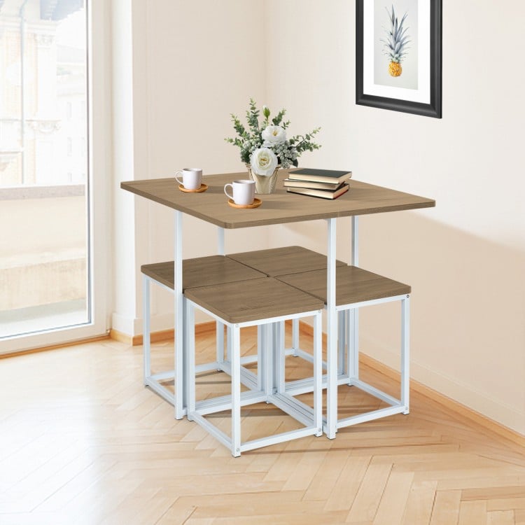 5 Pieces Metal Frame Dining Set with Compact Dining Table and 4 Stools-Natural