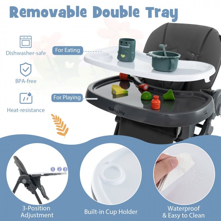 3-In-1 Convertible Baby High Chair with 7 Heights and Double Food Tray-Dark Gray