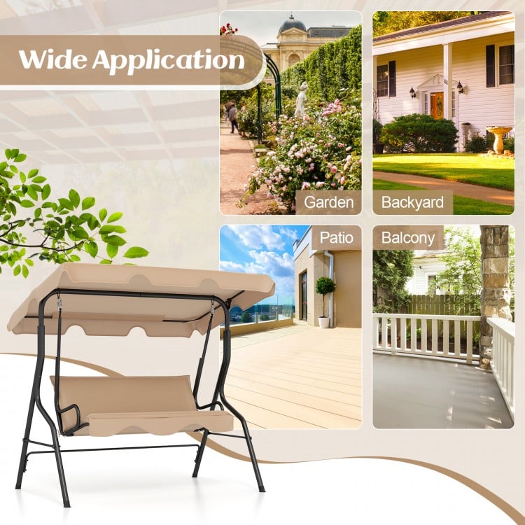3 Seat Outdoor Patio Canopy Swing with Cushioned Steel Frame-Beige