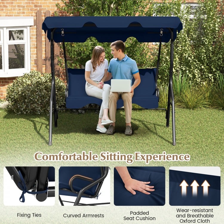 3-Seat Outdoor Patio Canopy Swing with Cushioned Steel Frame-Navy