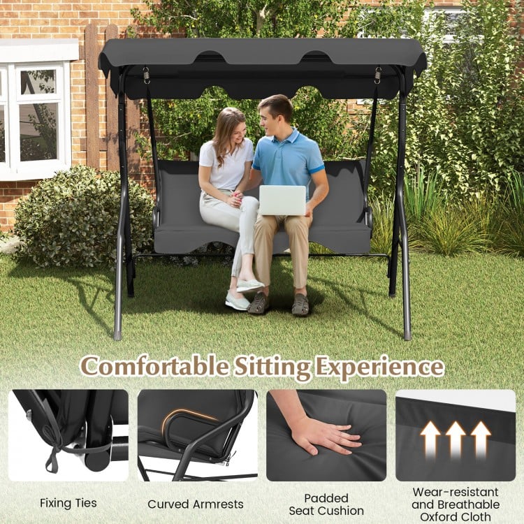 3-Seat Outdoor Patio Canopy Swing with Cushioned Steel Frame-Gray