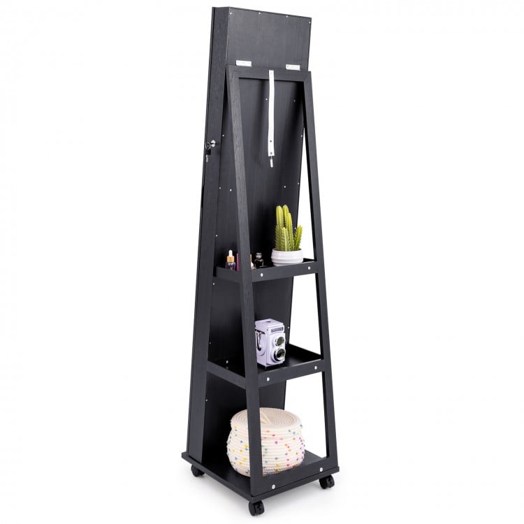 64 Inches Lockable Jewelry Cabinet Armoire with Built-in Makeup Mirror-Black