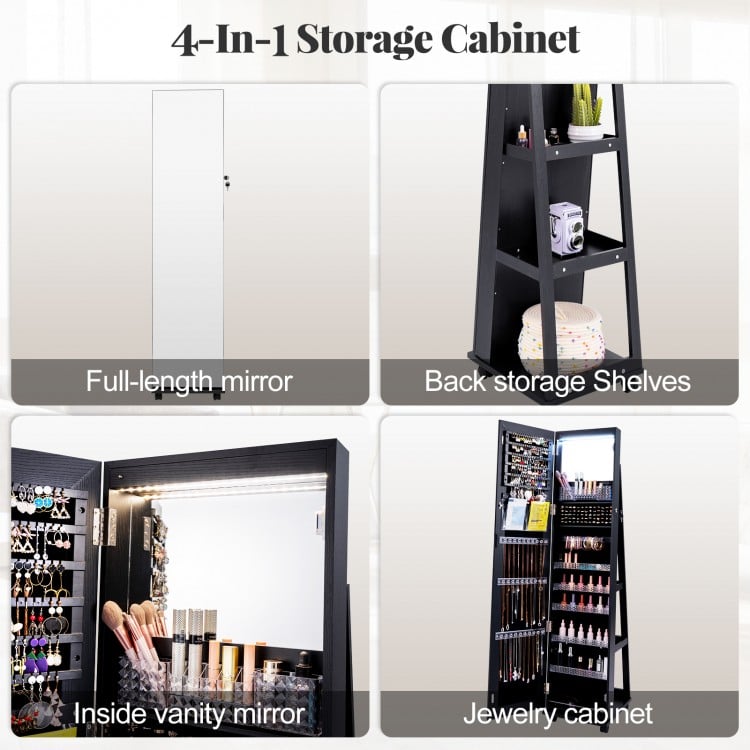 64 Inches Lockable Jewelry Cabinet Armoire with Built-in Makeup Mirror-Black