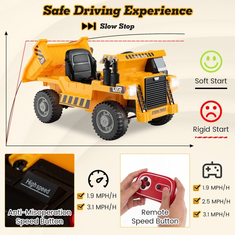 Kids Ride on Dump Truck 12V Ride on Car with Electric Dump Bed-Yellow