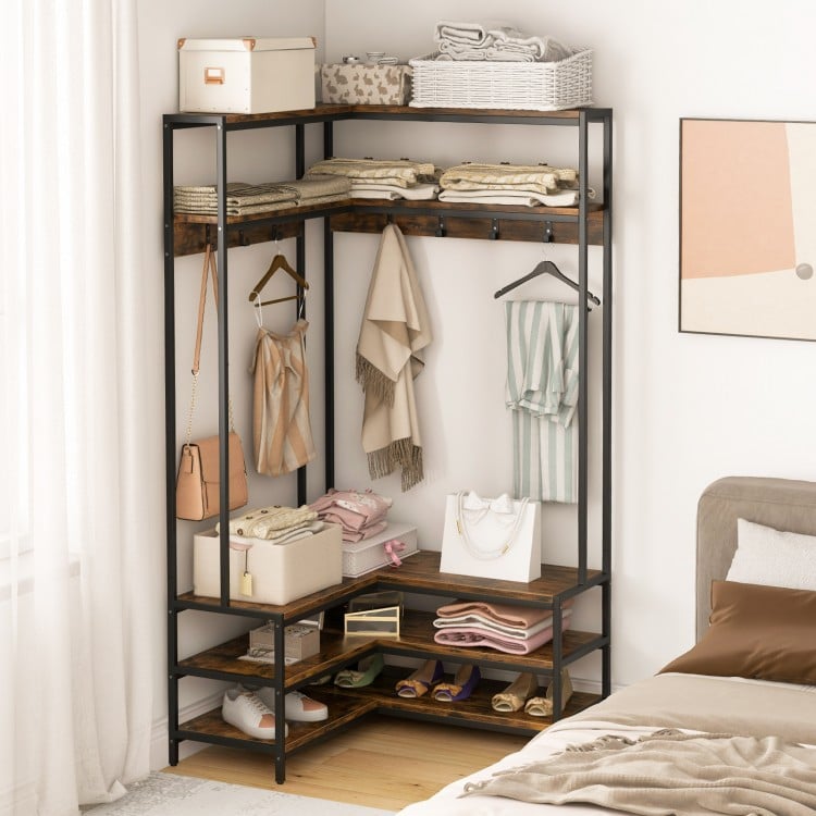 Corner Garment Rack with Open Shelves and 7 Hooks Shoe Bench-Rustic Brown