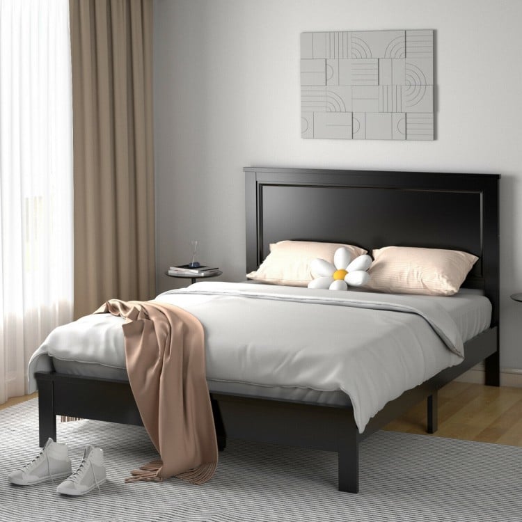 Queen Size Bed Frame Platform Slat High Headboard Bedroom with Rubber Wood Leg-Black
