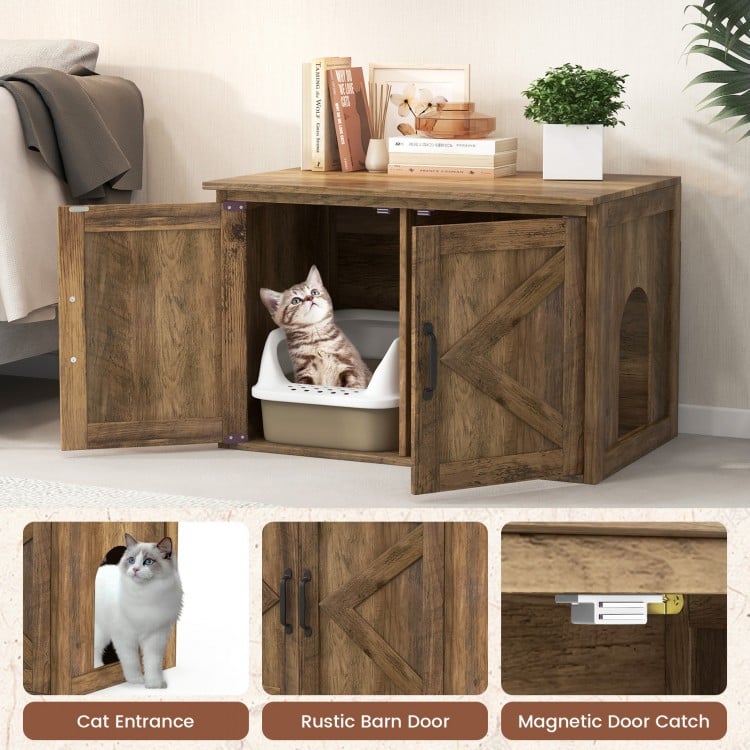 Flip Top Hidden Cat Washroom Furniture with Double Barn Doors Removable Divider and Middle Entry