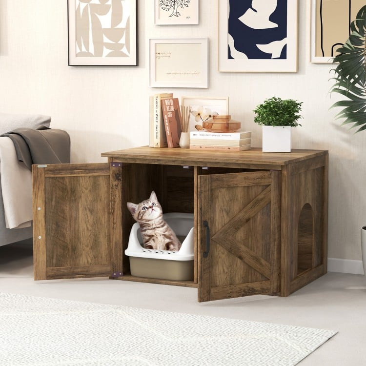 Flip Top Hidden Cat Washroom Furniture with Double Barn Doors Removable Divider and Middle Entry