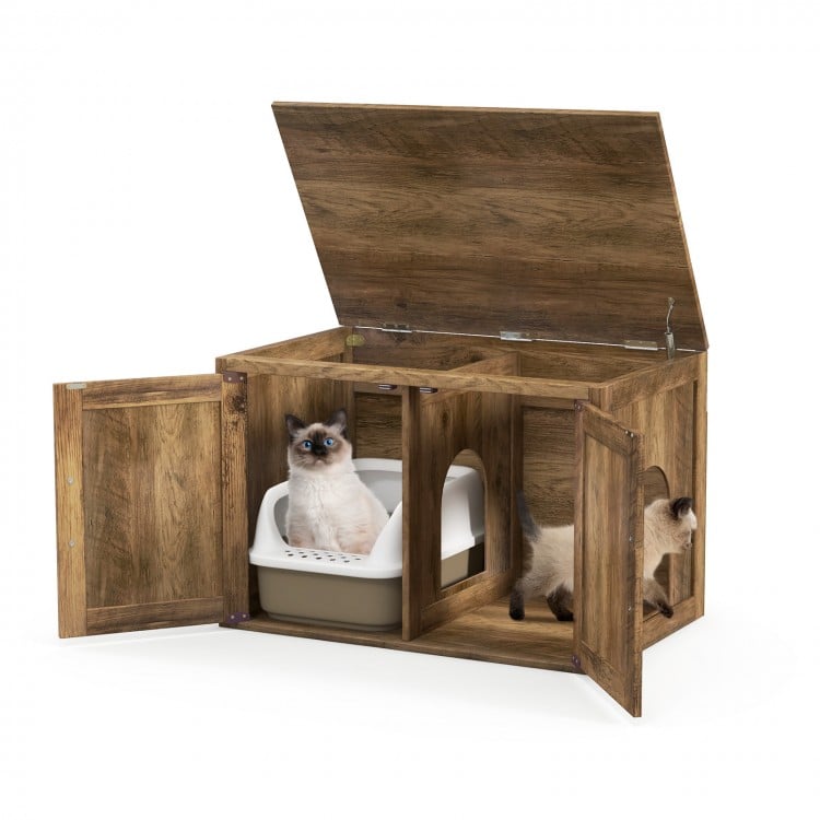 Flip Top Hidden Cat Washroom Furniture with Double Barn Doors Removable Divider and Middle Entry