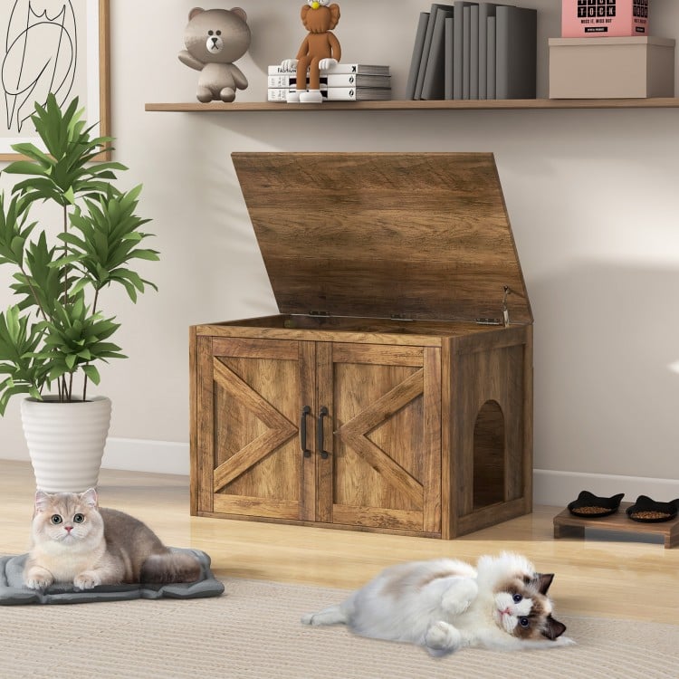Flip Top Hidden Cat Washroom Furniture with Double Barn Doors Removable Divider and Middle Entry
