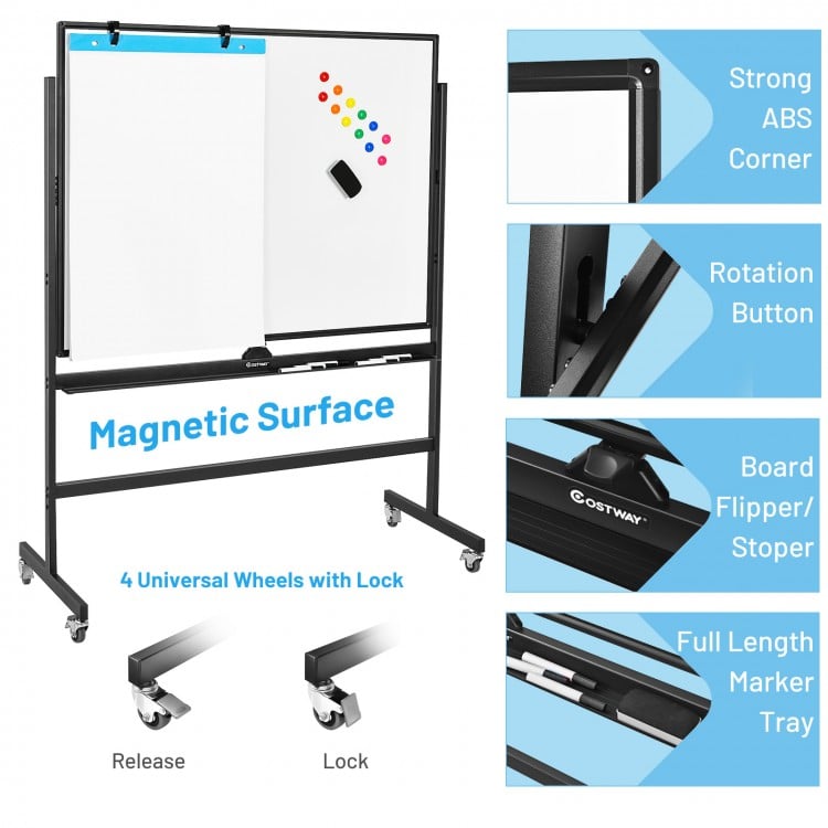 48 x 36 Inch Mobile Magnetic Double-Sided Reversible Whiteboard Height Adjust