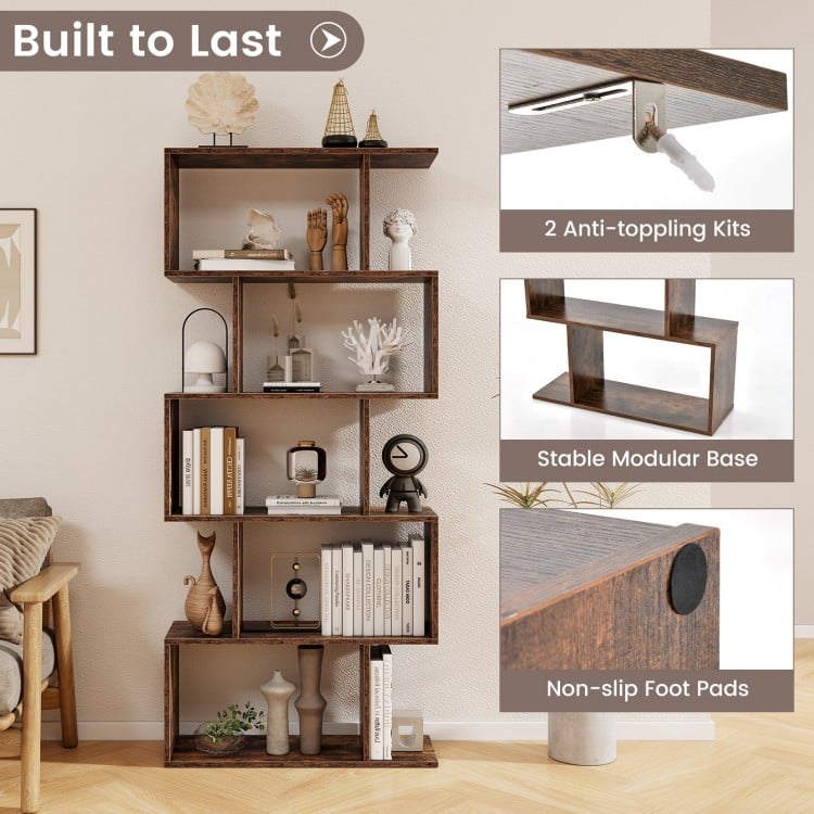 5-Tier Bookshelf with Anti-Toppling Device for Living Room Home Office-White