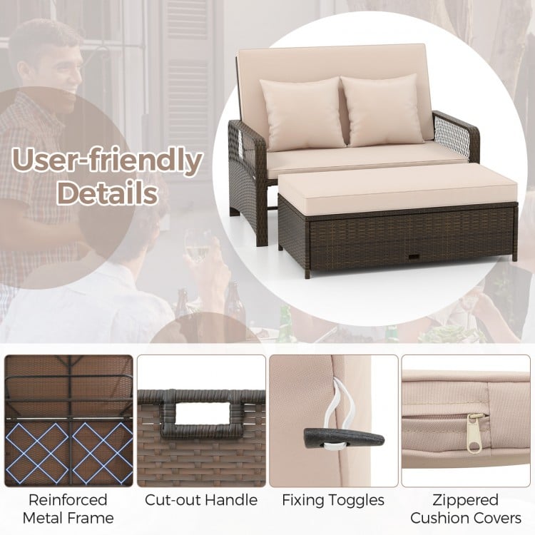 Patio Adjustable Wicker Daybed with 4-Level Backrest and Soft Cushions-Beige