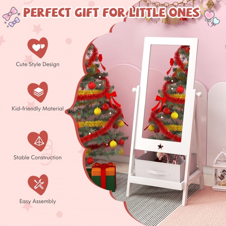 Kids Full Length Mirror 360 Degree Rotatable Dressing Mirror with Storage Bin-White