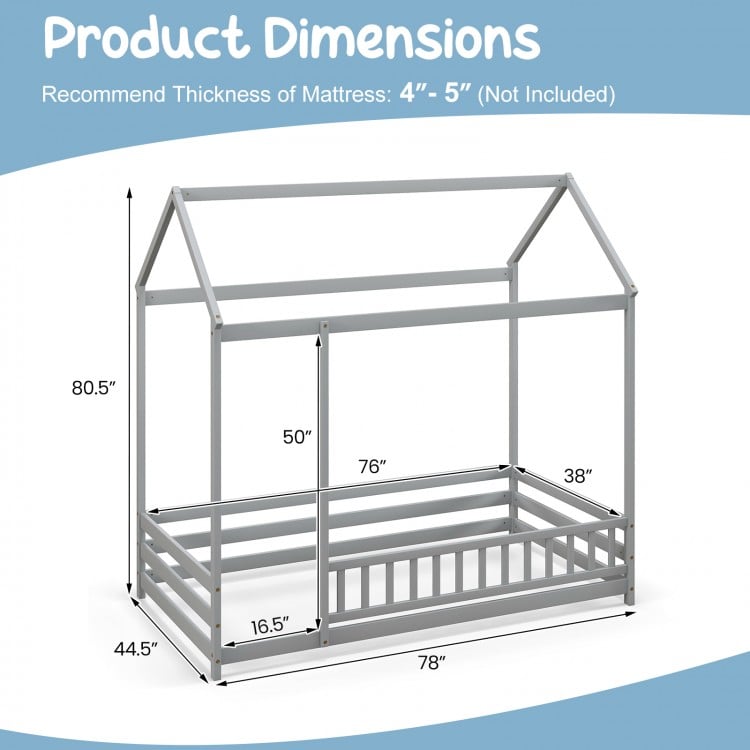 Twin Size Kids House Bed Wooden Floor Bed with Roof and Full-length Safety Guardrail-Gray