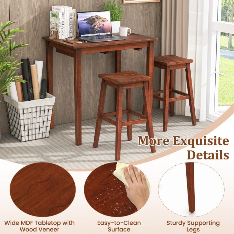 3-Piece Bar Table Set with Pub Table and 2 Saddle Stools-Espresso