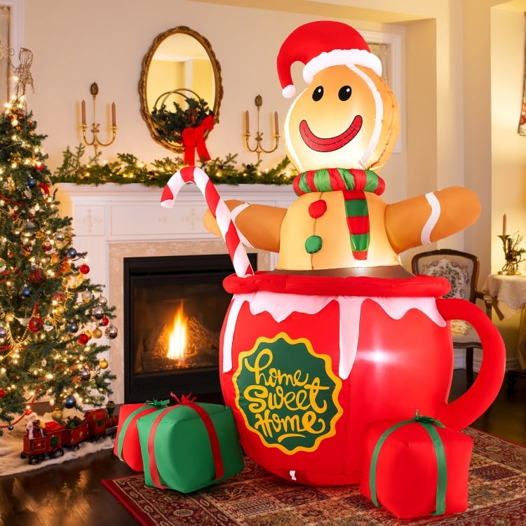 7 Feet Inflatable Gingerbread Man in Hot Cocoa Mug with Built-in LED Lights and Gift Boxes