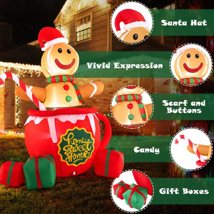 7 Feet Inflatable Gingerbread Man in Hot Cocoa Mug with Built-in LED Lights and Gift Boxes
