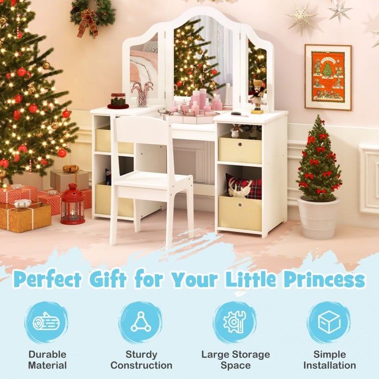 Kids Vanity Table and Chair Set with Removable Mirrors and 4 Storage Bins-White