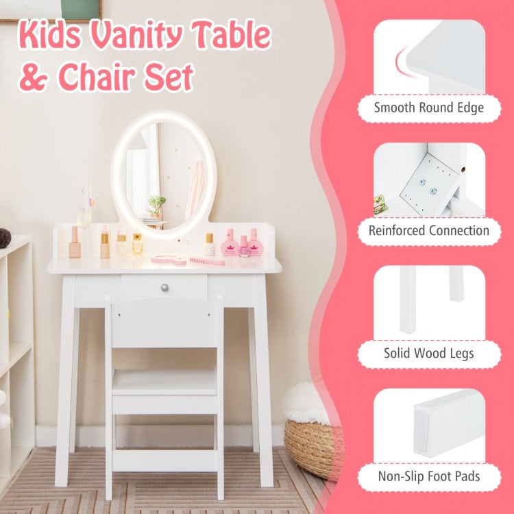 Kids Vanity Set with Lighted Mirror-White
