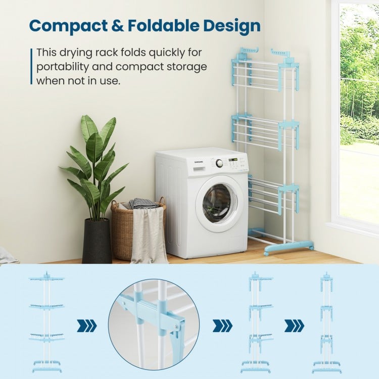 4-tier Clothes Drying Rack with Rotatable Side Wings and Collapsible Shelves-Blue
