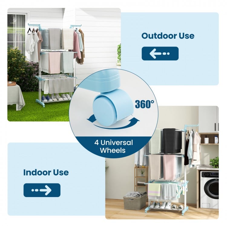 4-tier Clothes Drying Rack with Rotatable Side Wings and Collapsible Shelves-Blue
