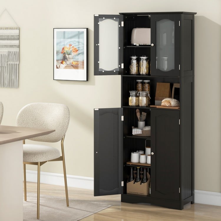 64.5 Inches Tall Bathroom Storage Cabinet with Frost Glass Doors and Shelves-Black