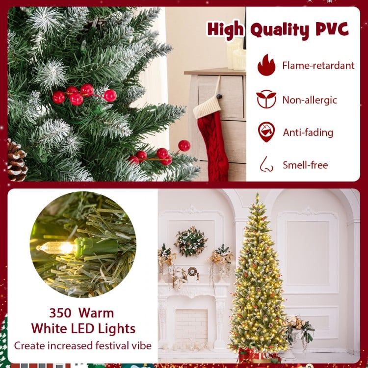 Pre-lit Artificial Pencil Christmas Tree with Pine Cones and Red Berries-7 ft