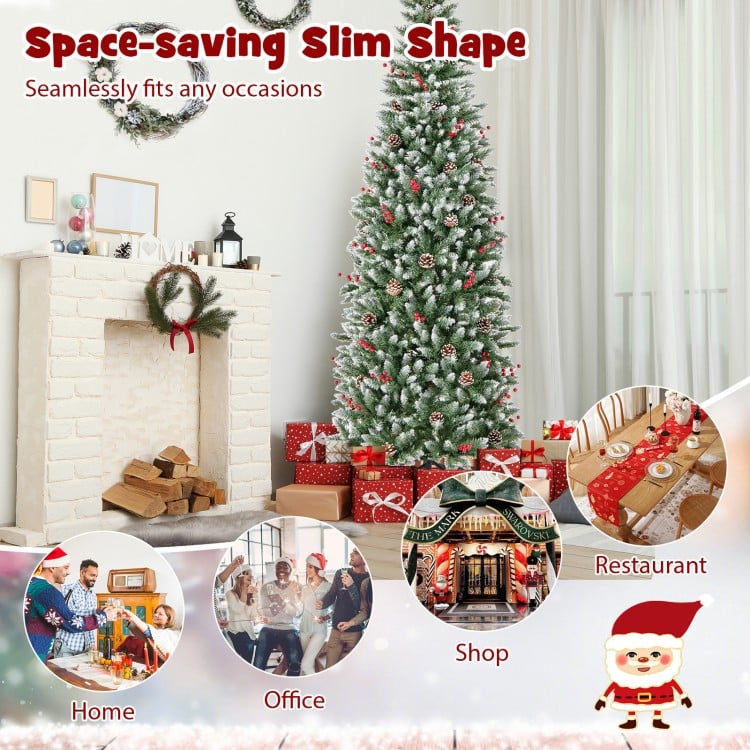 Pre-lit Artificial Pencil Christmas Tree with Pine Cones and Red Berries-7 ft