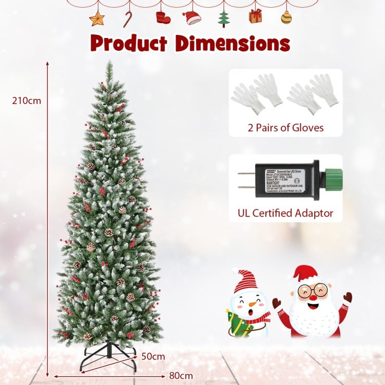 Pre-lit Artificial Pencil Christmas Tree with Pine Cones and Red Berries-7 ft