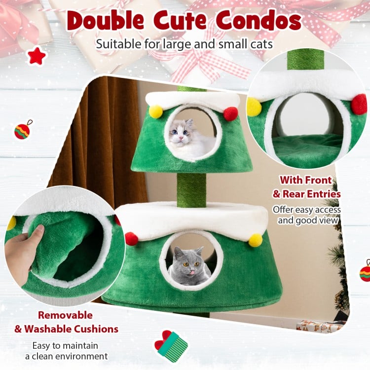 Christmas Cat Tree for Indoor Cats Cute Holiday Cat Tower with 2 Condos-Green