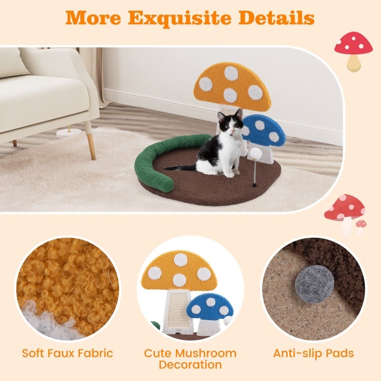 Mushroom Cat Bed Cat Claw Scratcher with Wide Bed and Sisal Scratch Panel-Multicolor