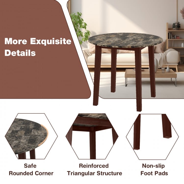 35 Inch Round Dining Table with Rubber Wood Legs and Marble-textured Veneer Tabletop-Brown